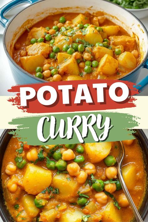 This hearty potato curry features tender potatoes, creamy coconut milk, and warm spices, served with rice and naan for a comforting, flavorful meal. Curry Recipes Potato, Chickpeas And Potato Curry, Potatoe Curry Indian Style, Curry Potatoes Indian, Coconut Curry Potatoes, Potato Curry Indian, Indian Potatoes, Curry Meals, Curry Potatoes