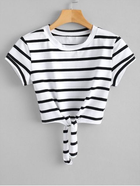 Cropped Tied Stripes Top. You' ll never want to take off this super comfy and chic stripes top with a cropped fit. It features a cute tie design on the hem in a stretchy, slim-fit silhouette. Don' t miss it, just pair it with some high waisted denims for going out.  #zaful #tops #outfits Tee Shirts For Women, Stripes Top, Tie Design, Crop Top Shirts, Striped Crop Top, Really Cute Outfits, Boho Tops, Cute Tops, Cute Fashion