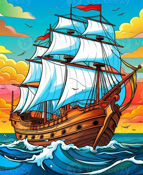 cartoon illustration of a sailing ship in the ocean at sunset. generative ai. Ship In The Ocean, Ocean At Sunset, Vector Character Design, Vector Character, Tall Ships, In The Ocean, Cartoon Illustration, Sailing Ships, The Ocean