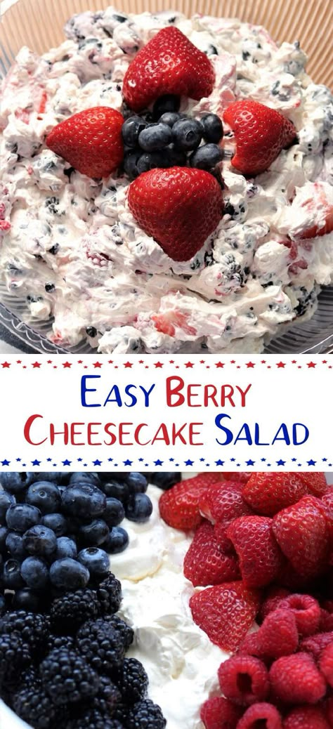 Easy berry cheesecake salad is so tasty it can be used as a salad or dessert! Loaded with delicious berries of your choice. The nice part about this recipe is how fast it works up. Made with cream cheese, whipped topping and berries. You can get rid of some of the guilt because it has delicious healthy berries in it. This dish is perfect for the 4th of July. Just look at those beautiful red, white and blue colors. If you are having burgers and hotdogs, this is a nice side to go with them. Fruit Salad Cool Whip, Berry Cheesecake Salad, Cheesecake Fruit Salad, Congealed Salad, Cheesecake Salad, Berry Fruit Salad, Berry Dessert Recipes, Easy Sweets, Cream Cheese Desserts