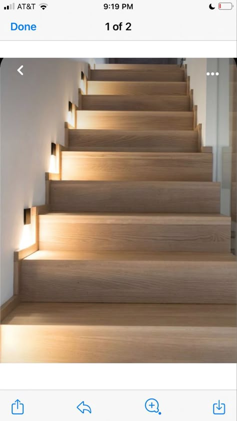 Stair Lighting Wall, Lighting At Staircase, Lighting On Staircase, Light At Bottom Of Stairs, Light In The Stairs, Light On The Stairs, Stairs Lighting Ideas Wall, Stair Step Light, Spotlights On Stairs