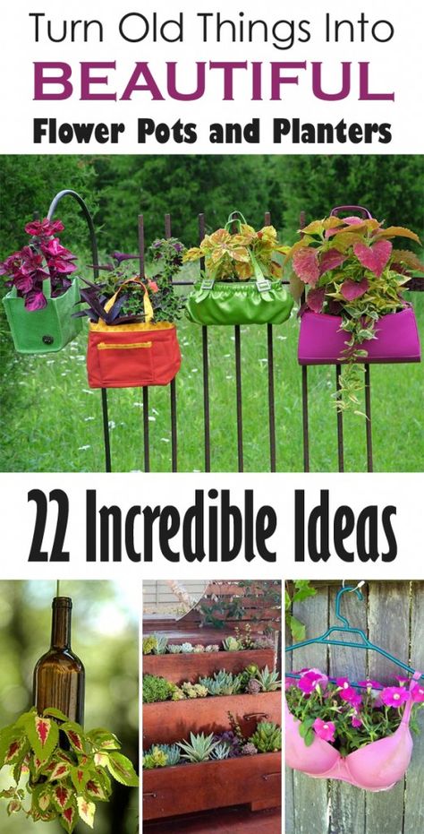 Recycled Garden Planters, Diy Garden Decor Projects, Unique Flower Pots, Tattoo Plant, Bohemian Garden, Pots And Planters, Garden Junk, Garden Decor Projects, Recycled Garden