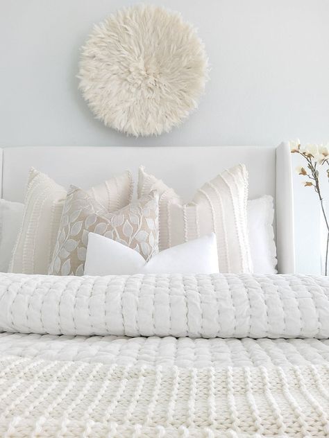 White And Bright Bedroom, White Pillows Bedroom, White Bedding With Pops Of Color, Bedroom Pillows Arrangement, Bed Pillow Arrangement, Blue Linen Pillows, Cut Velvet Pillows, Coral Pillows, Future Bedroom