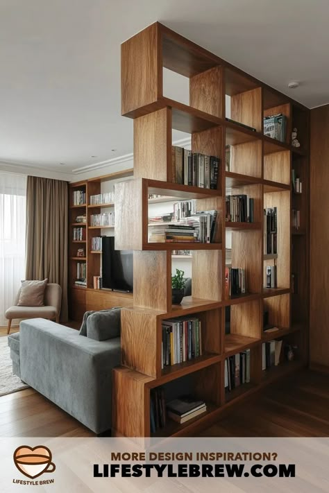 40+ Living Room Partitions Design Ideas (Stunning Inspiration!) Open Shelves As Room Divider, Open Book Case Room Divider, Wooden Dividers Living Rooms, Home Partition Ideas, Living Room Divider Ideas Wall Dividers, Kitchen Living Room Partition, Living Room Partitions, Kitchen Living Room Open Concept, Divided Living Room