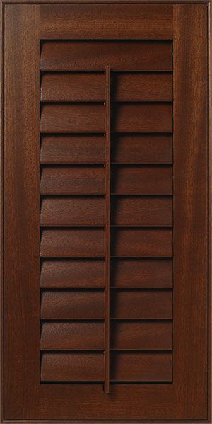 S422 Gulfport - Operable Louvered Door in Sapele Mahogany with rich brown stain | WalzCraft Louvered Door Ideas, Shutters With Curtains, Cabinet Door Designs, Louvered Doors, Kitchen Cabinet Door Styles, Modern Kitchen Remodel, Cabinet Door Styles, Interior Shutters, Tuscan Kitchen