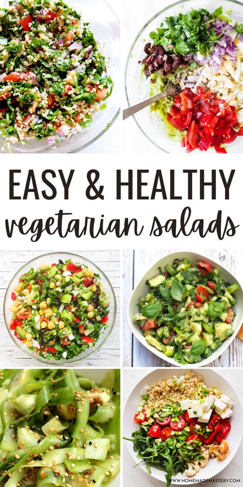 Eat a salad every day with this collection of easy healthy vegetarian salad recipes! These tasty salad ideas include healthy vegetable salads, filling meatless salads for lunch or dinner and plant-based salads packed with protein! Enjoy! Meatless Salads, Chicken And Beans Recipe, Salad Recipes Vegetarian, Veg Salad Recipes, Healthy Vegetable Salad, Salads For Lunch, Filling Salad Recipes, Vegetable Salads, Meals Without Meat