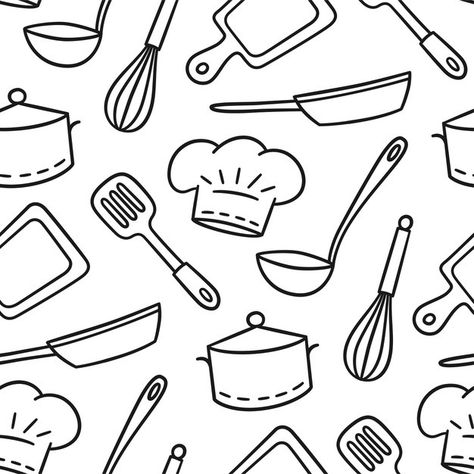 Hand drawn seamless pattern on the theme... | Premium Vector #Freepik #vector #background #pattern #food #hand Food Pattern Illustration, Chef Background, Cooking Doodles, Cooking Drawing, Cooking Illustration, Cook Illustration, Diy Recipe Binder, Scrapbook Recipe Book, Kitchen Pattern