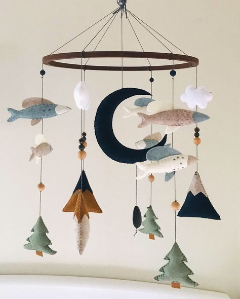 Alaska Themed Nursery, Alaska Nursery, Fish Nursery Theme, Adventure Baby Room, Felt Baby Mobile, Fishing Nursery, Baby Diy Projects, Diy Baby Mobile, Baby Shower Announcement