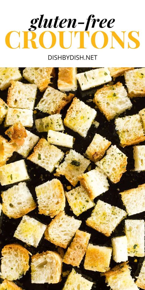 These deliciously crunchy homemade gluten-free croutons are super easy to make, and they make a great addition to soups, salads, stuffing, or even as a snack on their own! Totally dairy-free and vegan too! Go make a big batch of homemade croutons today! | gluten-free recipes | how to make homemade croutons | gluten free bread recipes Gluten Free Croutons Recipe, Crouton Recipe, Gluten Free Croutons, Crouton Recipes, Cookout Side Dishes, Fork In The Road, Favorite Soups, Gluten Free Recipes Bread, Homemade Almond Milk