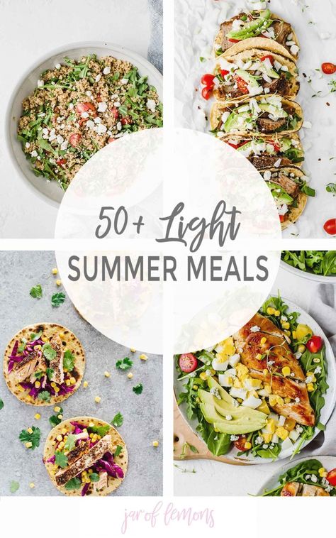 Looking to eat healthy and stay cool this summer? Here are 50  of the best light summer meals! Summer Diet Recipes, Fresh Dinners For Summer, Easy Summer Keto Meals, Easy Healthy Dinner Summer, Dinner Ideas Fresh, Light Fare Dinner, Fresh Lunch Ideas Summer, Easy Summer Healthy Dinners, Best Summer Meals Dinners