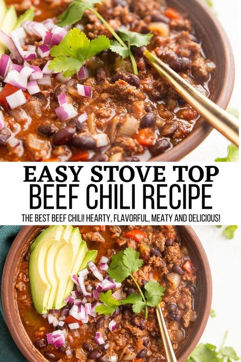 Chili Soup Recipe Beef, Healthy Beef Chili Recipe, Thick Chili Recipe, Easy Beef Chili Recipe, Quick Chili Recipe, Chili Healthy, Chili Recipe Stovetop, Stovetop Chili, Classic Chili Recipe