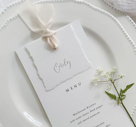 Wedding Table Setting With Name Card, Name Card Place Settings, Wedding Menu Name Cards Place Settings, Wedding Diy Name Cards, Name Tag For Table, Thank You On Wedding Table, Menu Name Cards Wedding, Menu Cards With Names, Name Card Wedding Table