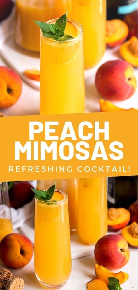 These easy peach mimosas are made with 3 ingredients to create a light and refreshing summer cocktail with fresh peach nectar! Peach Wine Drinks, Easy Peach Cocktails, Drinks With Peach Puree, Peach Mimosa Recipe Champagne, Peach Simple Syrup Cocktail, Peach Champagne Drink, Peach Flavored Alcoholic Drinks, Peach Snapps Cocktails, Fresh Peach Drinks Alcohol