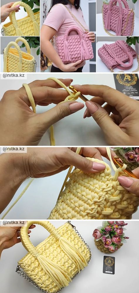 Crochet Cute Handbag With Tassels Tutorial Crochet Bag Tutorial Handbags, Tassels Tutorials, Handbag Tutorial, Cute Handbag, Crochet Cute, Crochet Bag Tutorials, Handmade Crochet Bags, Step By Step Crochet, Ribbon Yarn