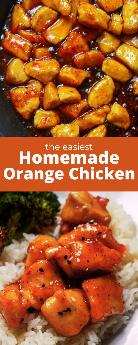 photos of orange chicken in skillet and orange chicken over rice with text "the easiest homemade orange chicken" Orange Chicken Wok Recipe, Orange Chicken And Fried Rice Recipe, Orange Chicken Sauce Recipe Easy, Orange Chicken Made With Marmalade, Orange Marmalade Chicken Crockpot, Chipotle Orange Chicken, At Home Orange Chicken, Recipes That Use Orange Marmalade, Orange Chicken Recipe Orange Marmalade