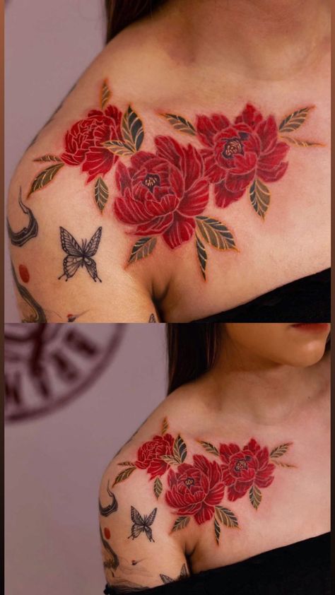 Red Flower Shoulder Tattoo, Red Peonies Tattoo, Red Chest Tattoo, Red Peony Tattoo, Flower Chest Tattoo Female, Chest Tattoo Cover Up, Red Flower Tattoos, Lovely Tattoo, Flower Shoulder Tattoo