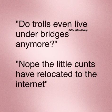 "Do trolls even live under bridges anymore?" "No the little CUNTS have relocated to the Internet" Internet Trolls Quotes, Trolling Quotes, Trolls Quotes, Troll Quotes, Troll Quote, Truth Hurts, Me Quotes, Words Of Wisdom, The Internet