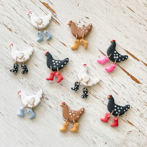 Quick and Easy Clay Magnet Ideas for Beginners Polymer Clay Useful Projects, Bird Earrings Handmade, Western Style Clay Earrings, Polymer Clay Vintage Jewelry, Polymore Clay Ideas Cute, Ceramic Clay Earrings, Chicken Earrings Clay, Popular Polymer Clay Earrings, Chicken Polymer Clay