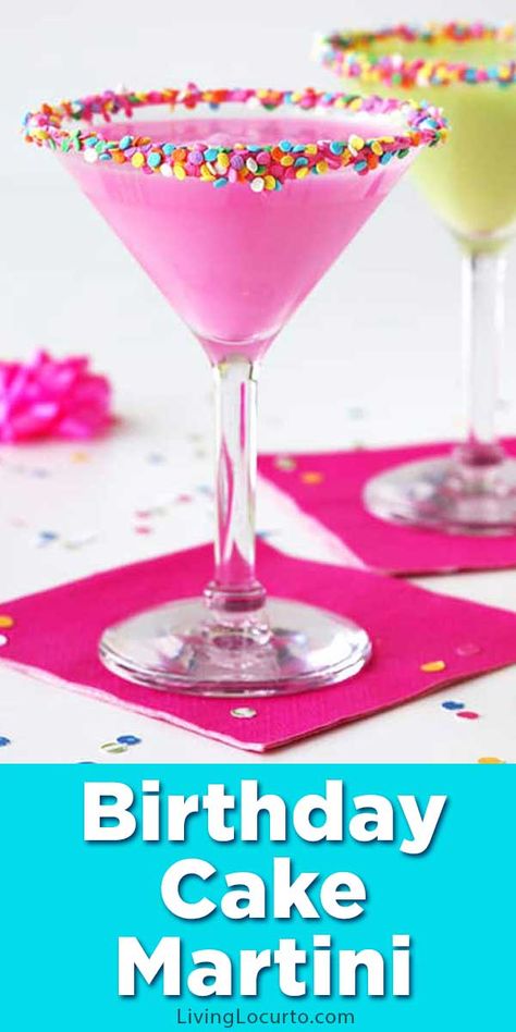 This is such a fun colorful party drink! How to make a colorful Birthday Cake Martini with candy sprinkles. An easy cocktail recipe that tastes just like a birthday cake! Best Party Recipe Idea. #cocktails #drinks #birthdaycake #birthday #recipe #drinkrecipe #martini #party #partyideas #birthdayparty #drinking #livinglocurto Cake Martini Recipe, Cake Cocktails, Pastel Drinks, Birthday Cake Martini, Cake Martini, Colorful Birthday Cake, White Chocolate Liqueur, Martini Party, Martinis Drinks