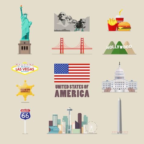 Download this Premium Vector about America icons set, and discover more than 15 Million Professional Graphic Resources on Freepik American Culture United States, United States Aesthetic, International Party Theme, America Illustration, United States Symbols, Usa Illustration, Usa Landmarks, Usa Culture, Dream Illustration