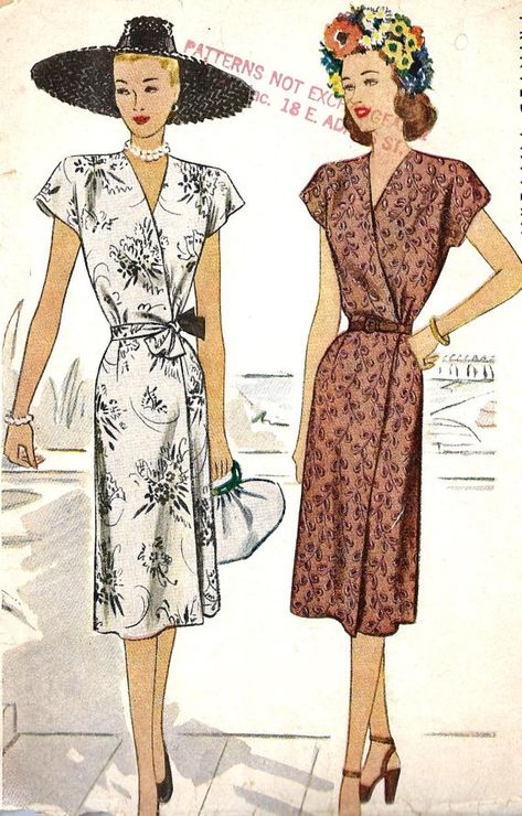 RobbiAnn Buendia Women wore wrap dresses in the 30's. They weren't very structured. Just flowed, wrapped around the body and tied at the waist. The silhouette was more relaxed in the 1930's. 03/20/18 Wrap Dress Pattern, Wrap Front Dress, Wrap Around Dress, Style Inspiration Spring, 1940s Fashion, Dress Picture, Mode Vintage, Community Board, Vintage Sewing Patterns