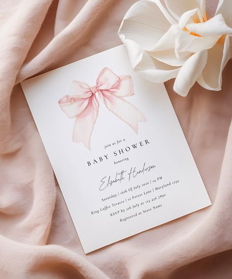 Make your baby shower truly special with this beautiful and easy-to-use pink bow invitation template. Order now yours and start planning an unforgettable celebration! Featuring a delicate pink bow illustration and elegant typography, this invitation is perfect for a girl baby shower with a bow theme. ✅Size 5"x7" Inch ✅ SHOP THE BUNDLE: https://freyaevents.etsy.com/listing/1755373727 This listing includes an instant download of a self-editable invitation template that you edit yourself using your Pink Bow Baby Shower Invitation, Bow Baby Shower Invitation, Pink Bow Theme Baby Shower Ideas, Pink Bows Baby Shower, Baby Shower Pink Theme, Baby Shower Bow Theme, Girly Baby Shower Ideas, Pretty In Pink Baby Shower Ideas