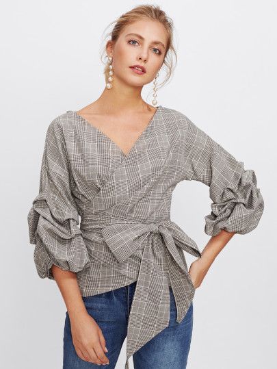 Gathered Sleeve Plaid Wrap Top -SheIn(Sheinside) Gathered Top, Casual Skirt Outfits, Popsugar Fashion, 60 Fashion, Gathered Sleeves, Work Tops, Elegant Shirt, Dressy Tops, Wrap Blouse