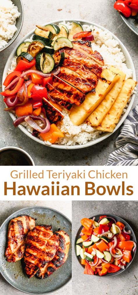 These Grilled Hawaiian Bowls could be my all-time FAVORITE summer meal! The bowl starts with coconut rice, topped with grilled pineapple, zucchini, bell peppers, and onions. Then, we add grilled teriyaki chicken and a drizzle of homemade teriyaki sauce! Hawaiian Bowls, Teriyaki Chicken Bowls, Hawaiian Bowl, Chicken Hawaiian, Teriyaki Chicken Rice Bowl, Teriyaki Chicken Bowl, Fodmap Chicken, Teriyaki Chicken And Rice, Teriyaki Bowl