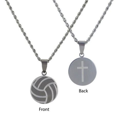 Inspiring necklace for young athlete, features a silhouette sport design on the front and cross design on the back. Stainless steel disc pendant has polished and matte silver finishes. 0.75 pendant on 18 stainless steel rope chain. Carded with Philippians 4:13 Scripture reference. Volleyball Ball Aesthetic, Volleyball Wallpapers, Volly Ball, Volleyball Drawing, Volleyball Aesthetic, Volleyball Accessories, Volleyball Motivation, Volleyball Necklace, Volleyball Jewelry