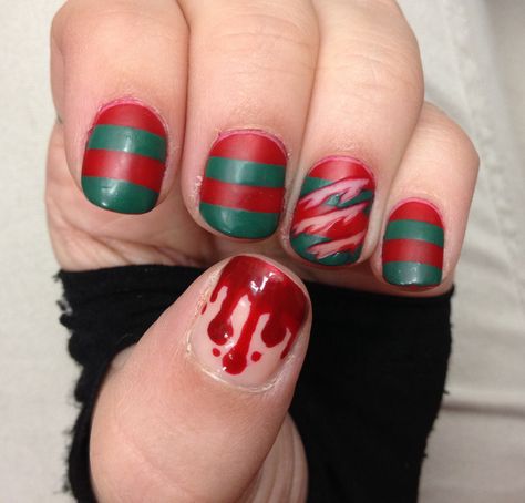 Freddy Krueger Halloween nails Freddy Krueger Nails, Fingernail Art, Horror Nails, Unghie Nail Art, Finger Nail Art, Holiday Nail Designs, Short Nails Art, Halloween Nail Designs, Get Nails