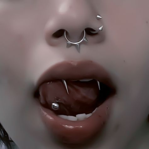 Vampire Piercing Mouth, Vampire Piercing, Gum Piercing, Silmarillion Aesthetic, Demon Mark, Snake Fangs, Modern Grunge, Pretty Piercings, Creepy Girl