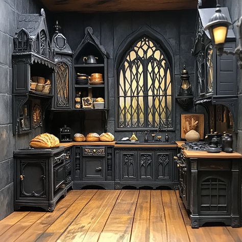 Plasticine miniature 1800s kitchen, gothic style Gothic Dollhouse Interior, Kitchen Gothic, 1800s Kitchen, Gothic Dollhouse, Dollhouse Inspiration, Haunted Dolls, Dolls House Interiors, Miniature Rooms, Dark Gothic