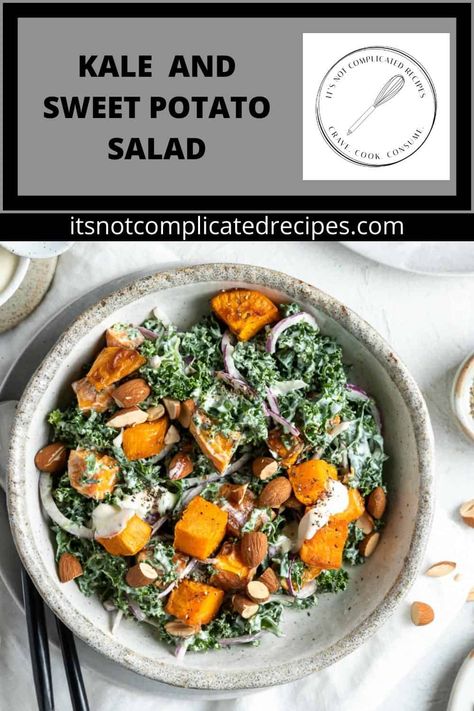 My Kale and Sweet Potato Salad is a simple to prepare dish that is so delicious. It has great texture and fantastic fresh flavour. A salad base of kale, sweet potato and almonds are tossed with a light, creamy dressing seasoned with fresh lemon juice and mustard. This Kale Salad makes the perfect side dish for your next gathering, barbecue or potluck Kale And Sweet Potato Salad, Sweet Potato Kale Salad, Potato Kale Salad, Kale Sweet Potato Salad, Salad Base, Kale Sweet Potato, Complicated Recipes, Sweet Potato Salad, Leafy Salad