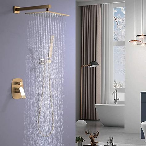 TRUSTMI Brushed Gold Brass Shower Faucet Bathroom Rain Mixer Combo Set, 10 Inch Brass Rainfall Shower Head Wall Mount System, Contain Rough-in Shower Valve Body and Trim - - AmazonSmile Led Faucet, Rain Shower System, Led Shower Head, Freestanding Tub Faucet, Gold Shower, Luxurious Showers, Shower Faucet Sets, Luxury Shower, Rainfall Shower Head