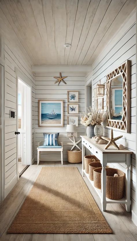 Coastal Classic Decor, Coastal Theme House, Modern Coastal Decor Living Room, Beachy Homes, Florida Coastal Decor, Coastal Hallway, Cozy Coastal Living Room, Coastal Decorating Ideas, Pine Point