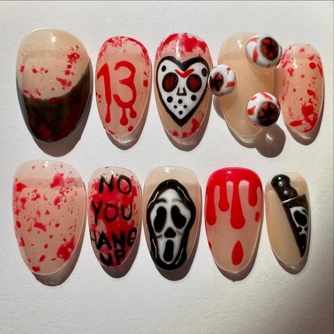 killer mash up 🔪🩸 ib: @nailartistalisha &’ some others from pinterest #halloween #halloweennails #fridaythe13th #ghostface #scream #pressonnails Friday The 13th Nails, Halloween Nails Square, Halloween Jason, Square Press On Nails, Nails Gel Nails, Nail Prep, Nails Square, Gel Press, Press Ons