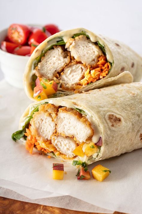 A chicken wrap filled with a cucumber-peach salsa. Chicken Wrap Recipe, Chicken Wrap Recipes, Wrap Recipe, Peach Salsa, Chicken Wrap, Salsa Chicken, Healthy Food Motivation, Recipe Chicken, Chicken Wraps