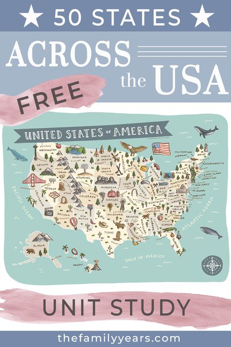 This FREE Across the USA - 50 States literature-based unit study introduces students to all 50 states and U.S. territories. 50 States Homeschool, 50 States Project, 50 States Unit Study, Us States And Capitals Free Printable, 2nd Grade Unit Studies, Free Homeschool Unit Studies, Free Unit Studies, Unit Studies Homeschool Elementary, Usa Geography Activities