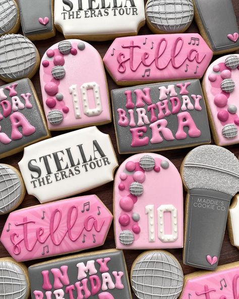 Maddie Marcum | pink? glitter? a hint of taylor swift? hello welcome to the gathering of all of my favorite things 🤩 brb changing my name to stella ASAP | Instagram Swiftie Cookies, Swiftie Birthday, Taylor Swift Cake, Black Party Decorations, Taylor Swift Birthday Party Ideas, Swift Party, 7th Birthday Party Ideas, Decorative Cookies, Random Products