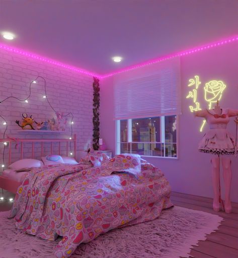 Sims 4 Girly Room, Pink Themed Bedroom, Bedroom Kawaii, Blender Scene, Girl Apartment Decor, Neon Bedroom, Bedroom Scene, Kawaii Bedroom, Outfit Inspired