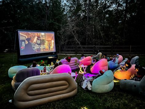 Movie Backyard, Movie Night Seating, Backyard Movie Night Party, Diy Backyard Movie Night, Movie Seats, Birthday Movie Night, Party Rental Ideas, Backyard Chairs, Outdoor Movie Party