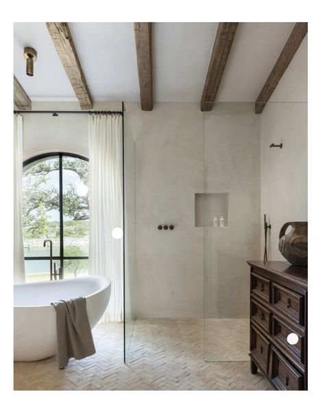 Wooden Beam Bathroom, Exposed Beam Bathroom, European Master Bath, Bathroom With Beams, Spanish Master Bath, Wood Beam Bathroom, Belgian Bathroom, Roman Shower Walk In Master Bath, Beams In Bathroom