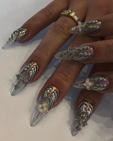 Victorian Nails Designs, Piercing Nails, 3d Gel Nail Art, Chrome Nails Silver, Crown Nails, Rave Nails, Cheetah Print Nails, Cross Nails, Angel Nails