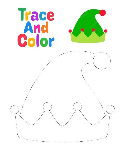 Premium Vector | Christmas elf hat tracing worksheet for kids Elf Hat Craft For Kids, Elf Hats Craft For Kids, Elf Hat Template, Elf Hat Craft, Monthly Ideas, Christmas Elf Hat, Kindergarten Coloring, Elf Drawings, Kindergarten Coloring Pages