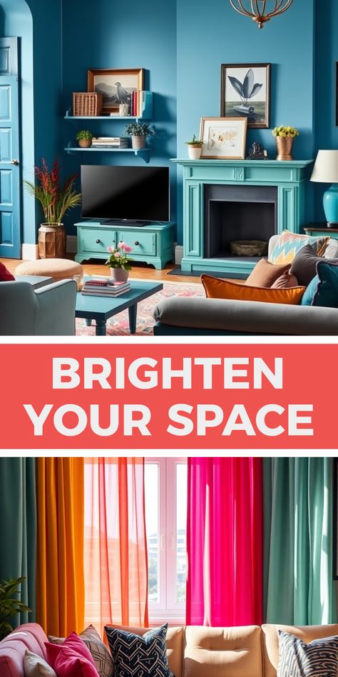 Discover 20 amazing tips to spruce up your living room using colorful ideas. The images highlight painted furniture and vibrant curtains that create a lively atmosphere in your home. Utilizing two images, get inspired to transform your space. Colorful Living Room Ideas, Vibrant Curtains, Colors Mixing, Living Room Upgrades, Colorful Living Room, Mixing Patterns, Room Upgrade, Colourful Living Room, Beautiful Living Rooms