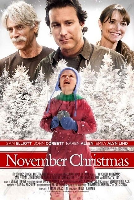 November Christmas is a 2010 American film based on a short story written by Greg Coppa and starring Sam Elliott, John Corbett, Karen Allen, Sarah Paulson and Emily Alyn Lind. The movie premiered on CBS on November 28, 2010. It was presented through Hallmark Hall of Fame. It was shot in Nova Scotia. Plot: A small Rhode Island community comes together to create special Halloween and Christmas moments several weeks early for Vanessa Marks, an 8-year-old girl with a life-threatening illness. Movie Romantic, Great Christmas Movies, John Corbett, Christmas Movies List, November Christmas, Xmas Movies, British Movies, Sam Elliott, Best Christmas Movies