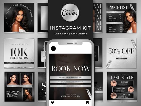 Silver Lash Tech IG Templates | Canva Editable Eyelash Extension Branding Kit | Lashes Flyers | Lashes Bundle Posts | Luxury templates Lash Tech Business, Tech Instagram Post, Lash Tech Instagram, Luxury Aesthetics, Tech Business, Ig Templates, Brand Pop, Lash Tech, Pixel Perfect