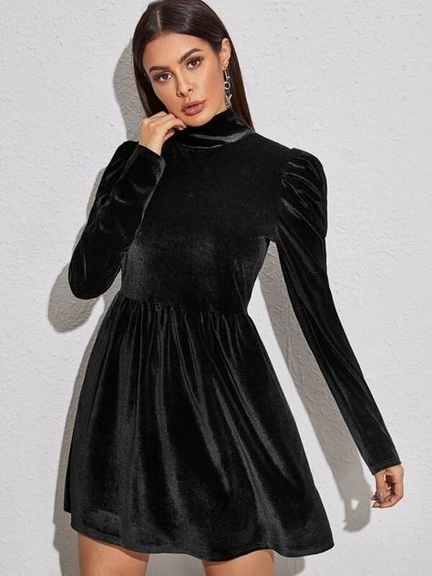 High Neck Puff Sleeve Velvet Dress | SHEIN Velvet Collar Dress, Velvet Short Dresses, Velvet One Piece Dresses Short, Velvet Clothes Dress, Velvet Short Frock, High Neck Velvet Dress, Velvet Western Dress, Velvet Frock Design, Velvet Dress Outfit Winter