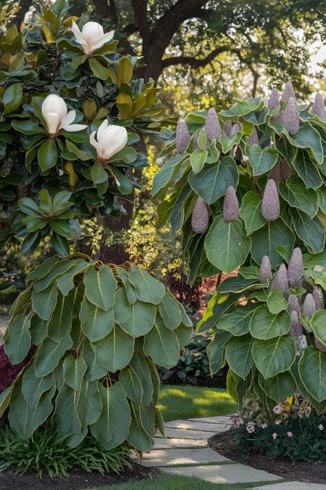 Lush garden with large-leafed plants and white magnolia blossoms. Modern Bedroom Colors, Planting Trees, Sycamore Tree, Outdoor Trees, Cozy Patio, Gallery Wall Inspiration, Home Library Design, Low Maintenance Garden, Big Leaves