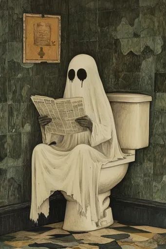 ↑↑↑ Larger size on website 🔸 A ghostly figure, draped in a white sheet, sits on a toilet in a dimly lit bathroom. The ghost is re Ghost On Toilet, Ghost Reference, Ghost Sitting, Reading A Newspaper, Reading Newspaper, Creepy Ghost, White Sheet, Ghost Pictures, The Ghost